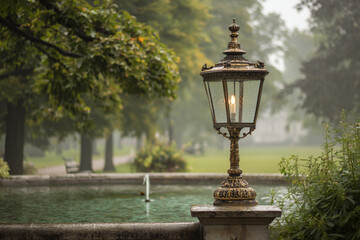Obraz premium Elegant lamp post illuminates tranquil park scene during foggy morning near a fountain