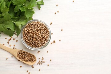 Coriander seeds in bowl, spoon and fresh cilantro leaves on light wooden table, flat lay. Space for...