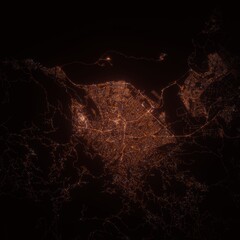 Kingston (Jamaica) night view with street lights. Aerial shot from space. top view heading south, 