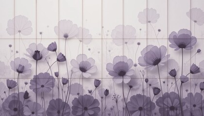 Serene Floral Whispers: A tranquil scene of elegant cosmos flowers against a backdrop of subtle lines. A floral haven with a calming aesthetic.
