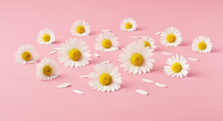 Scattered Daisies on Pink Background with Petals