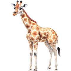 Obraz premium Realistic baby giraffe standing with long neck and distinctive spotted coat isolated on white background