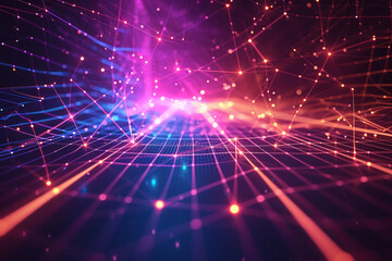 Fototapeta premium Abstract futuristic web with glowing neon light and grid line pattern on dark background. Technology style or geometric backdrops 