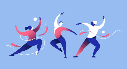 A dynamic flat design illustration capturing the fluidity and energy of dance performances at the Festival abstract human figures.