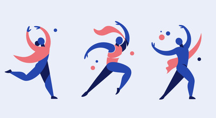 A dynamic flat design illustration capturing the fluidity and energy of dance performances at the Festival abstract human figures.