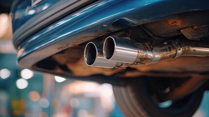 Close view of a car's rusty exhaust pipe in a workshop, highlighting the worn-out condition and visible detailing of the vehicle's undercarriage and tail pipes.