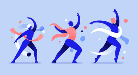 A dynamic flat design illustration capturing the fluidity and energy of dance performances at the Festival abstract human figures.