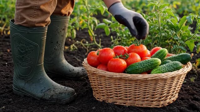 農家の男性が収穫したばかりの新鮮なトマトをカゴに入れる