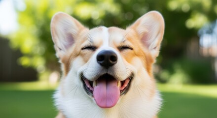 A happy corgi dog with its eyes closed and tongue out