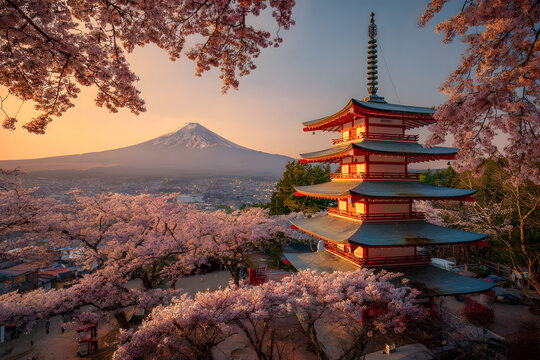 Fujiyoshida, Japan Beautiful view of mountain Fuji and Chureito pagoda at sunset, japan in the spring with cherry blossoms