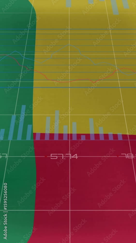 Poster animation of charts and graphs processing data over flag of benin