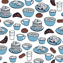 Hand-drawn breakfast food. Vector seamless pattern.  