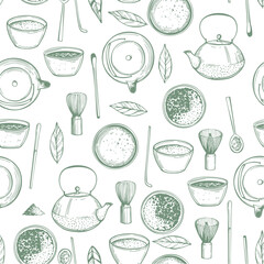 Hand-drawn matcha tea set. Vector seamless pattern.  Sketch illustration