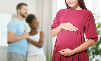 Surrogate mother and intended parents indoors, selective focus