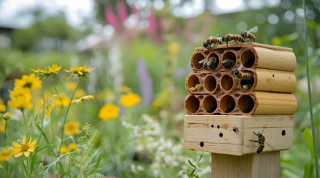 A close-up of a bee hotel in a vibrant garden, promoting pollination and supporting local wildlife among colorful flowers.