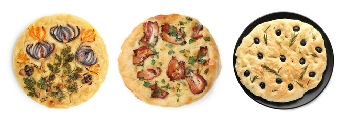 Traditional focaccia with different toppings on white background, collage. Top view