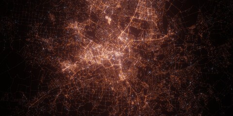 Kharkiv (Ukraine) night view with street lights. Aerial shot from space. top view heading east, . 3d render, Illustration