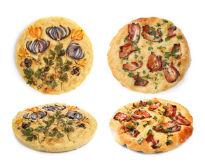 Traditional focaccia with different toppings on white background, collage. Top and side view