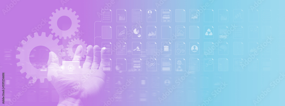 Poster artificial intelligence management system with gear and data icons