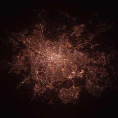 Glasgow (United Kingdom) night view with street lights. Aerial shot from space. top view heading north, 