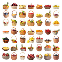 Many fresh fruits and berries in baskets isolated on white, collage