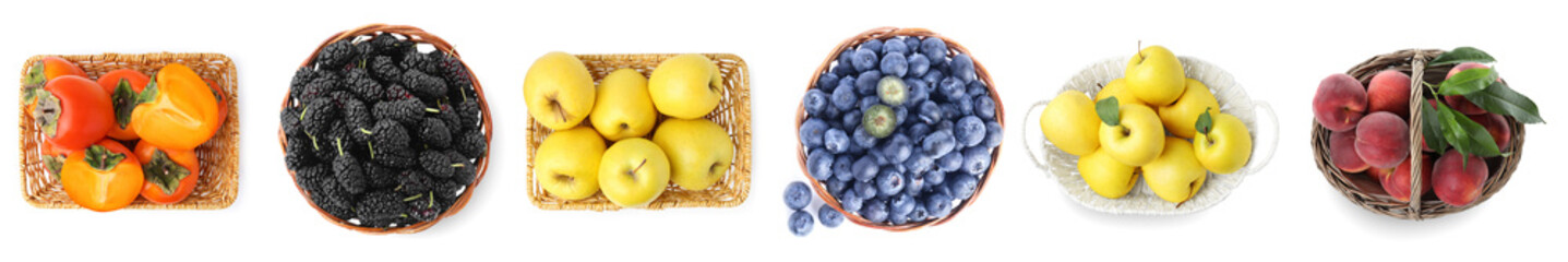 Many fresh fruits and berries in different baskets isolated on white, set. Top view