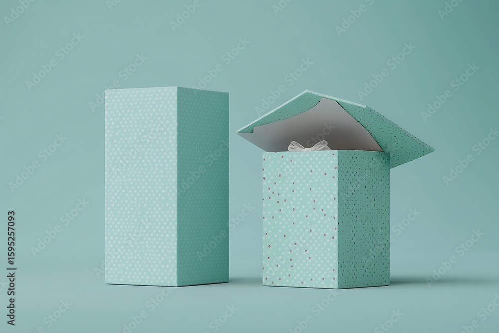 Poster teal boxes with spotted patterns include a white bow visible inside one box