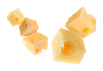 Cheese cubes in air against white background