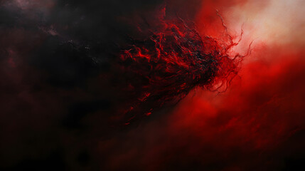 An intense abstract work using shades of black and red to represent tension, aggression, and inner conflict.