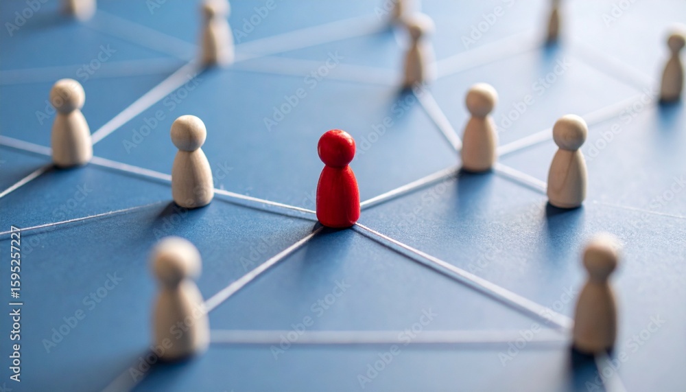 Poster conceptual image showing a red figurine in a network, symbolizing unique and interconnectedness