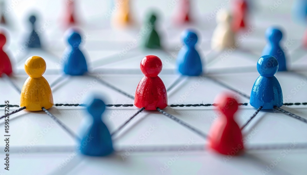 Poster connected colored pegs representing a network. the image symbolizes interconnectedness, communicatio