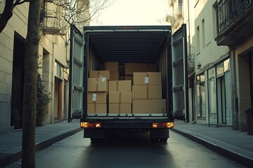 The back of the truck is full of packed boxes on the urban street