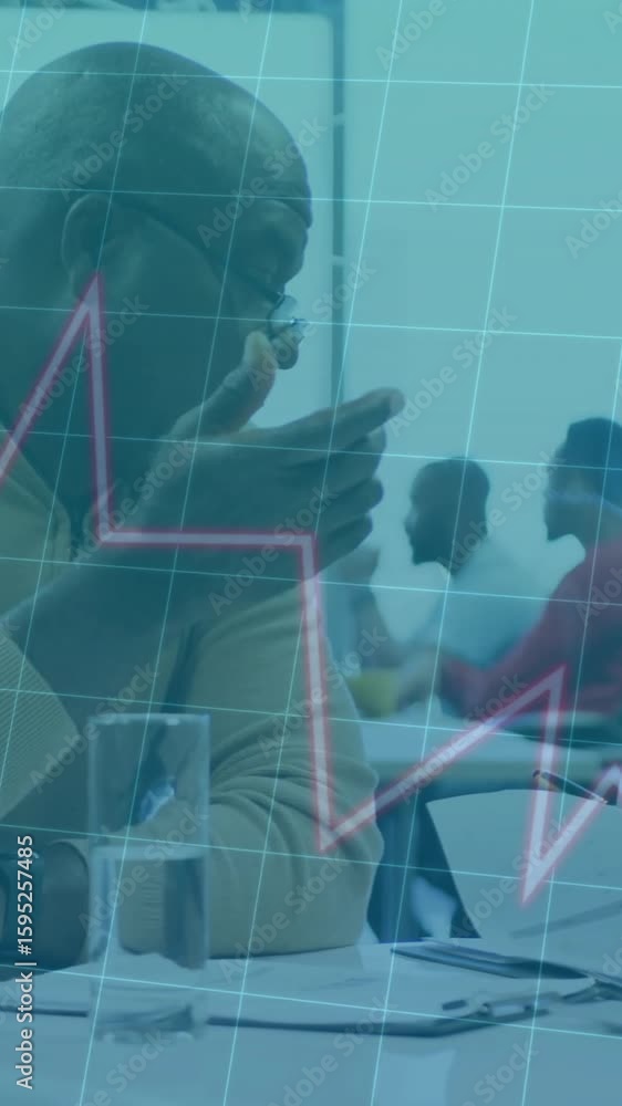 Poster animation of financial data processing over diverse colleagues discussing work in office