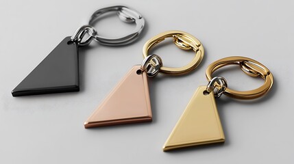 Three elegant metal keychains display various color tones on a clean background