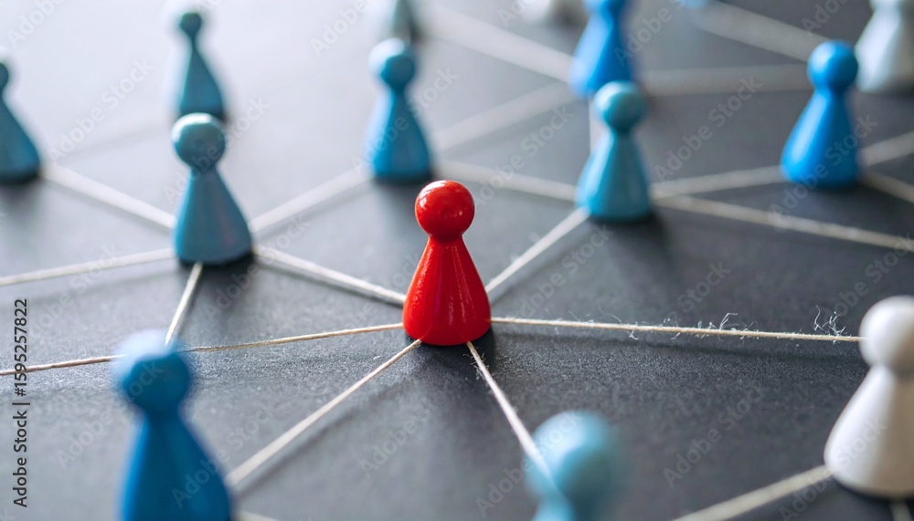 Fototapete a single red figure stands out amidst a network of interconnected blue and white figures, symbolizin