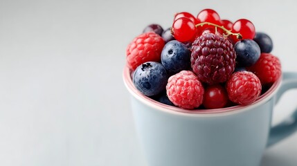summer berries in white mug empty space