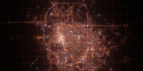 Lubbock (USA, Texas) night view with street lights. Aerial shot from space. top view heading east, . 3d render, Illustration