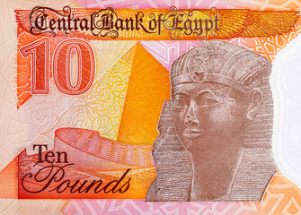10 Pounds Egypt with the image of Pharaoh Ramses II and the pyramids. Polymer money of Egypt.
