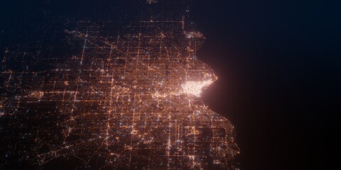 Milwaukee (USA, Wisconsin) night view with street lights. Aerial shot from space. perspective view heading north, . 3d render, Illustration © Hairem