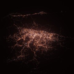 Caracas (Venezuela) night view with street lights. Aerial shot from space. top view heading north, 