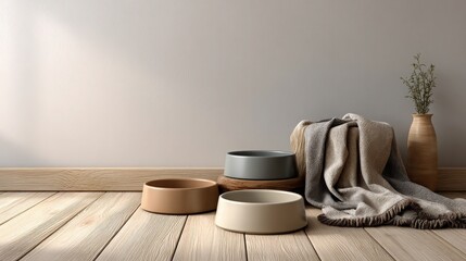 Still Life with Bowls, Blanket, and Vase on Wooden Floor