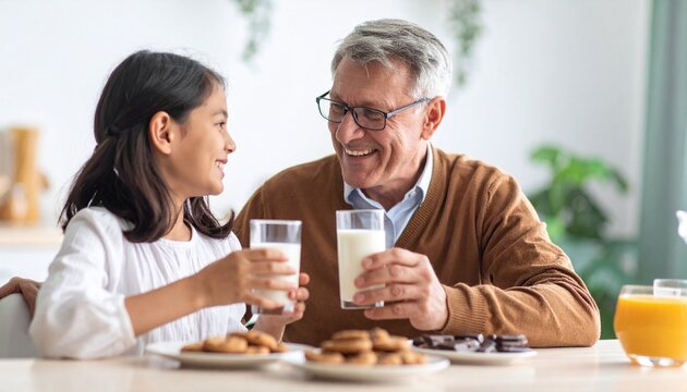 A heartwarming moment between a grandfather and his granddaughter as they share a meal, featuring milk and cookies. They're enjoying each other's company in a moment of togetherness and happiness