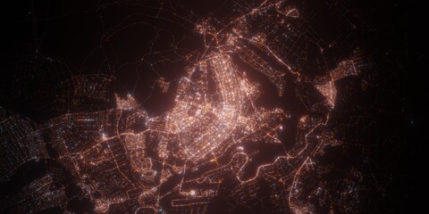 Brasilia (Brazil) night view with street lights. Aerial shot from space. top view heading north, 