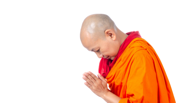 A monk with serene expression, hands clasped in prayer, wearing bright orange robes. The image exudes peace and reflection - Powered by Adobe