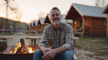 Smiling man relaxing at cozy campfire by rustic cabins during sunset adventure