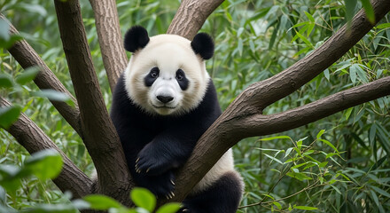 Obraz premium Adorable Giant Panda Eating Bamboo, Iconic and Endangered Bear, Wildlife in Chinese Mountains