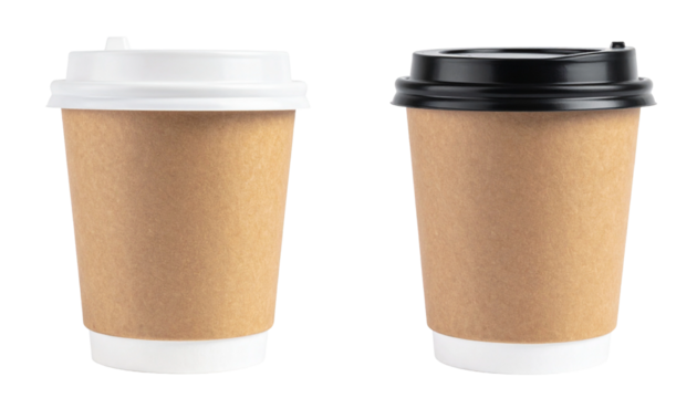 Two coffee cups sit side-by-side, their lids firmly in place. One is adorned with a crisp, while the other bears a sleek black top, and ready for a warm beverage