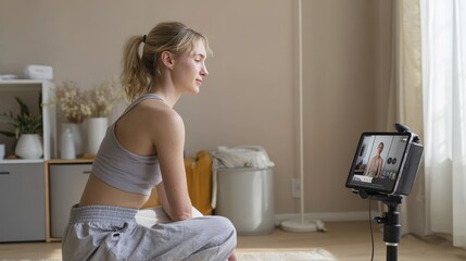 Woman practicing online yoga at home with tablet for virtual fitness class