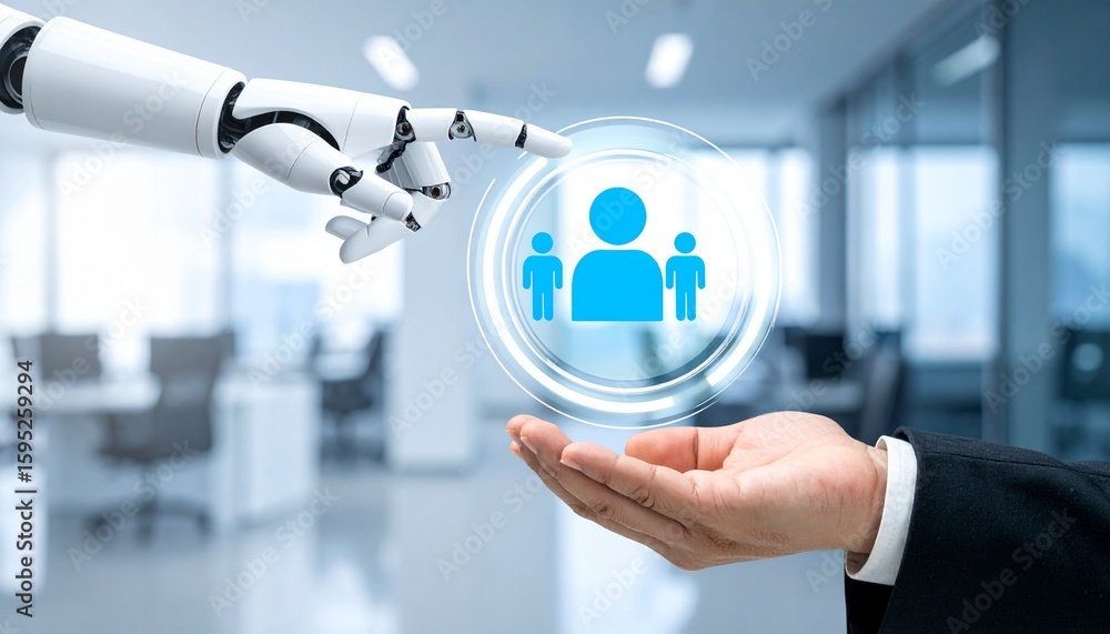 Poster a human hand holds a glowing sphere with a team icon while a robot hand is pointing at it. a futuris