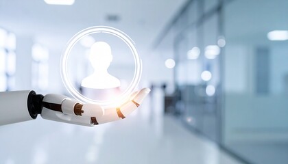 Robot hand holding a glowing user icon in a futuristic office setting, highlighting technology and human connection. 